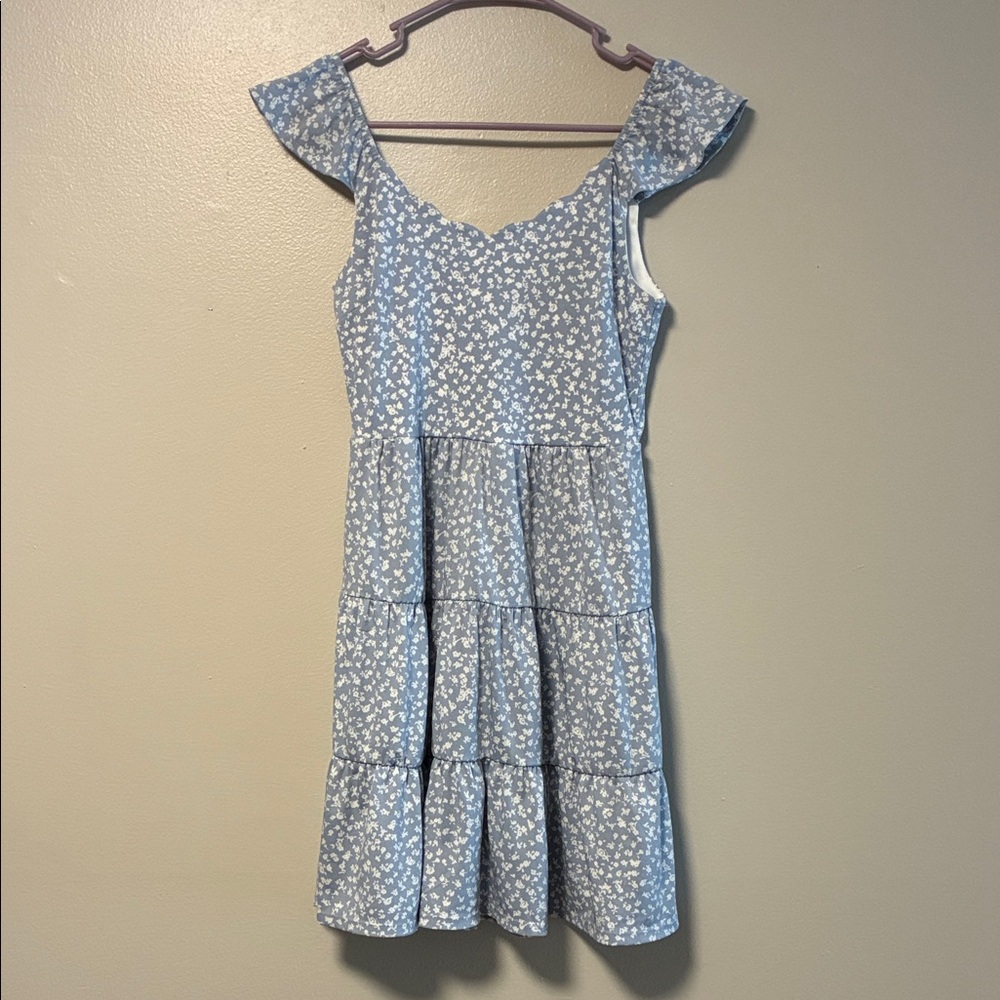Monteau Light Blue Dress with White Floral Pattern